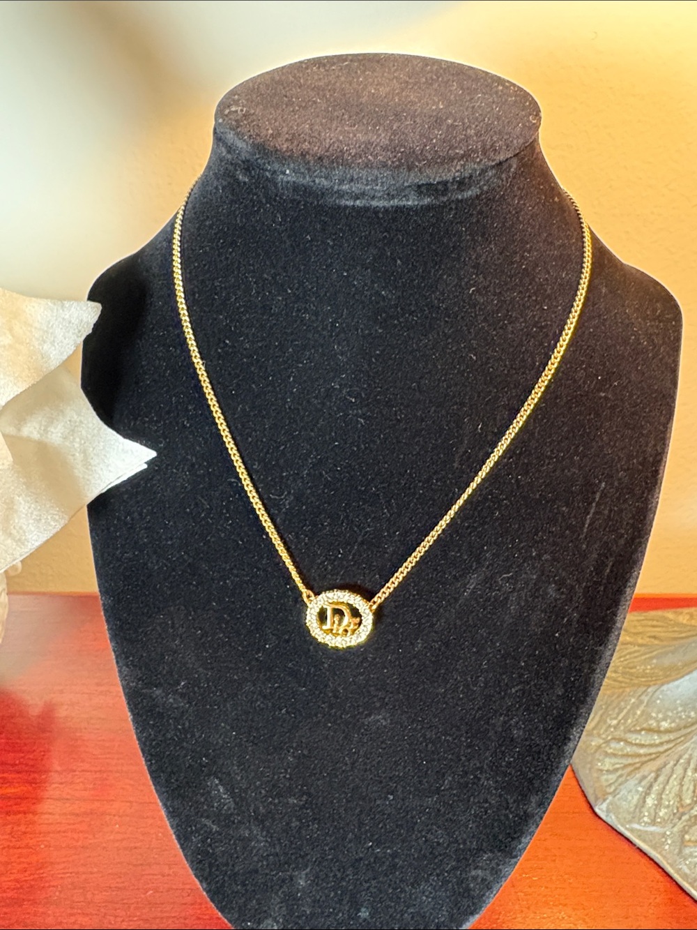 Dior Gold Circular Pendant Necklace with Monogram Accent